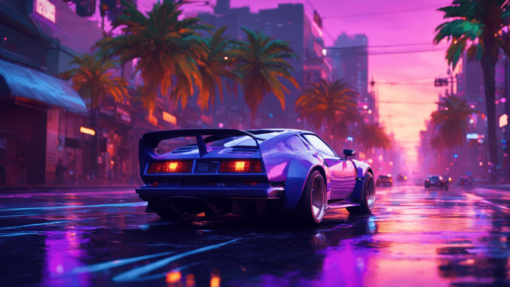 1980s-sports-cars-driving-down-a-street-palm-leaves-glow-atmospheric-purple-and-blue-lights-sun-47076319