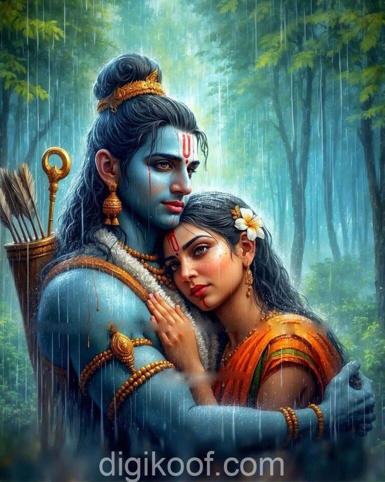 shree ram hugging sita. rainy day. jai shree ram image free download