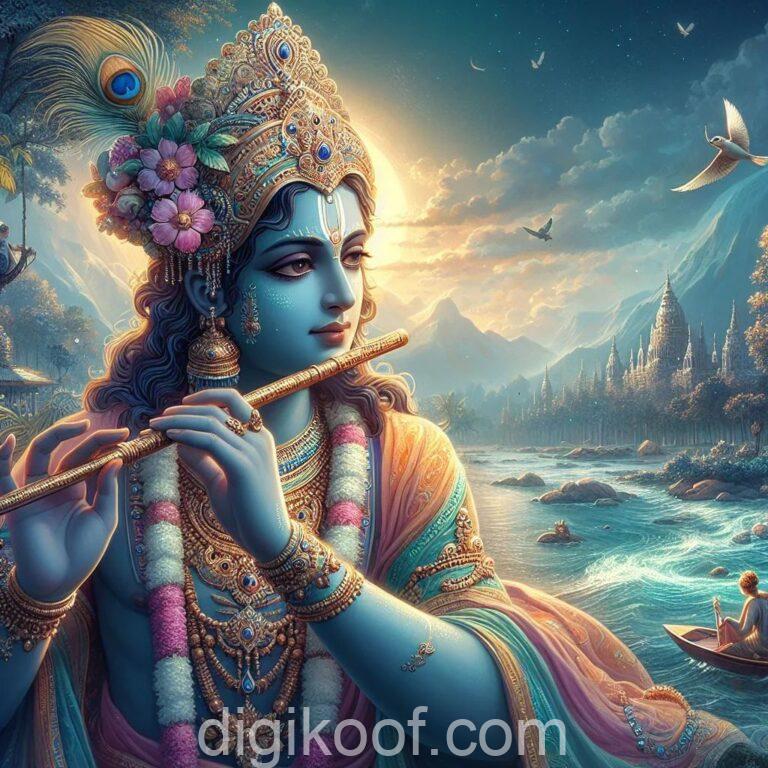 lord krishna playing flute standing infront of temple birds flying in background sea view image free downalod
