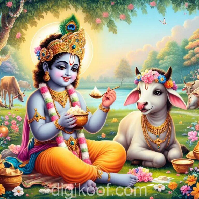 lord krishna painting sitting with cow eating delicious butter image free downalod