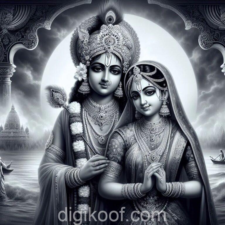 lord krishna black and white image with radha. behind moon and sea view.