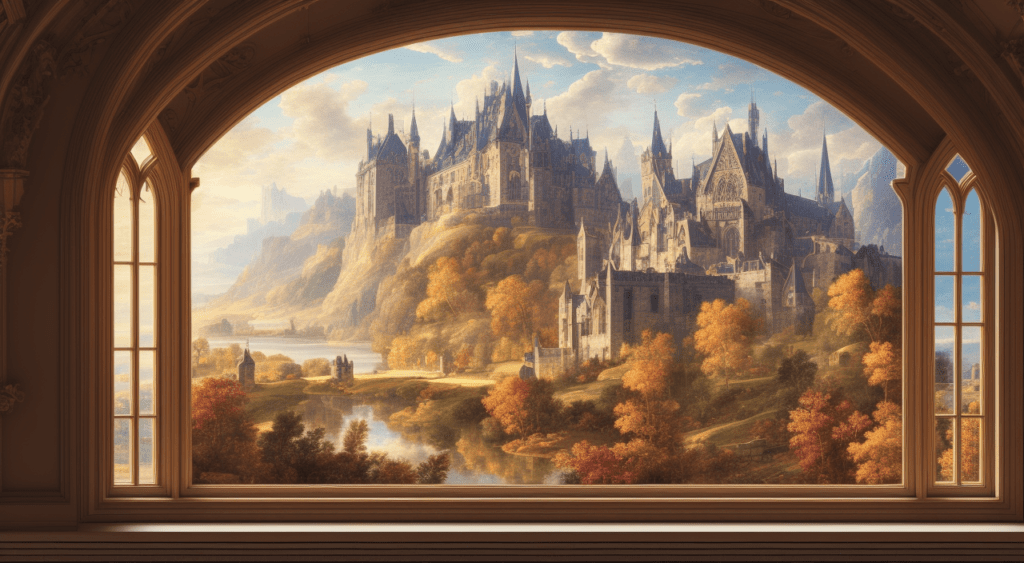 old-gothic-symmetrical-window-beautiful-fantasy-autumn-landscape-mountains-castles-soft-autumn-c-977436395